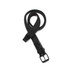 A black woven mesh belt with a square buckle and a leather tip. It features a branded logo.