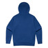 A blue hoodie with a plain back design and a hood. It includes a branding logo on the fabric.