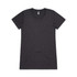 A charcoal grey T-shirt with short sleeves and a rounded neckline, featuring a logo.