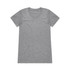 A grey T-shirt with a scoop neck design and short sleeves, featuring a logo on the label.