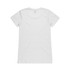 A plain white T-shirt with a crew neck and short sleeves, featuring a logo on the back.