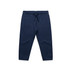Navy track pants featuring an elastic waistband and drawstring, designed for kids with two side pockets.