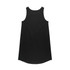 A black sleeveless dress with a slightly curved hemline and a simple design. It features a branding logo.