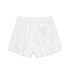White dress shorts with an elastic waistband and a single back pocket. The product has a branding logo.