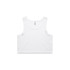 A white crop singlet featuring a round neckline and a logo. Suitable for casual wear or layering.