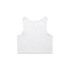 A white crop singlet with a simple design and a logo on the back. Suitable for casual wear or layering.
