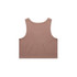 A plain, brown crop singlet with a sleeveless design and a simple back. It features a subtle branding logo.