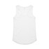 A white racerback singlet featuring a rounded hem and a logo on the back.
