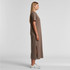 A long, taupe dress with short sleeves and a side slit, featuring a logo on the fabric.