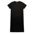 A black, short-sleeved long dress with a simple design and a small logo on the label.