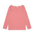 A long-sleeved t-shirt featuring red and white horizontal stripes and a rounded neckline. It has a branding logo.