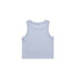 A light blue ribbed crop tank top with a sleeveless design and a logo on the back.