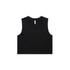 A black cropped tank top with a round neckline and no sleeves, featuring a logo.