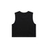 A black crop tank top featuring a sleeveless design and a simple back. It has a logo at the back.