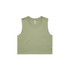 A light green crop tank top with a round neckline, featuring a logo on the inside tag.