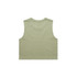 A sleeveless crop tank in a soft green colour, featuring a plain back and a subtle branding logo.