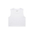 A white crop tank top with a round neckline and no sleeves, featuring a small logo.