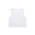 A white crop tank top with a sleeveless design and a plain back. The product features a logo.