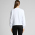 A white long-sleeve t-shirt with puffed sleeves, viewed from the back, paired with black pants.