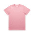 A pink T-shirt with short sleeves and a crew neckline, featuring a simple design and a branding logo.