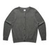A grey knit cardigan with a round neckline and front button closure, featuring long sleeves and ribbed hem.