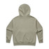 A plain olive green hoodie featuring a large hood and long sleeves. It has a logo on the back.