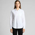 A white button-up shirt with a pocket, featuring long sleeves and a slight sheen. It has a branding logo.