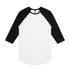 A raglan tee featuring a white body with black sleeves, designed with a round neckline and a logo.