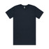 A plain, dark navy T-shirt with short sleeves, featuring a simple design and a label at the neckline.