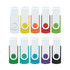 A collection of ten flash drives in various colours including yellow, orange, red, green, blue, and black, each with a branding logo.