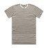 A striped t-shirt featuring alternating brown and white horizontal lines, with a round neckline and short sleeves.