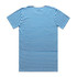 A striped T-shirt featuring blue and grey stripes with a white base, displaying a logo on the back.