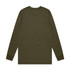 A long-sleeve T-shirt in olive green, featuring a simple design and a logo.
