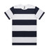 A striped T-shirt featuring alternating navy and white stripes, with a round neckline and a logo on the label.