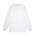 A white long-sleeve T-shirt featuring a simple design and a label, suitable for casual wear.