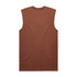 A brown sleeveless shirt with a simple design and a back view, featuring a logo on the garment.