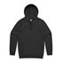 A black hoodie featuring a kangaroo pocket and a hood, with a logo on the front.