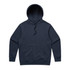 A navy blue hoodie with a front pocket and an adjustable hood. The hoodie has a logo on it.