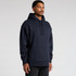 A navy blue hoodie with a front pocket and a large hood appears on a model. It features a logo on the chest.
