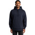 A navy blue hoodie with a front pocket and a drawstring hood, featuring a small logo.
