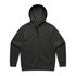 A black hoodie with a spacious front pocket and a drawstring hood. It features a logo on the front.