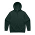 A dark green hoodie featuring a front pocket and a drawstring hood, with a logo present.