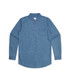 A blue denim button-up shirt with long sleeves and a chest pocket, featuring a logo.