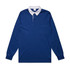 A blue rugby jersey with a white collar and long sleeves, featuring a logo on the chest.
