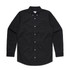 A black button-up shirt with a collar, long sleeves, and a pocket on the front, featuring white buttons.