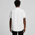 A white linen short-sleeve shirt displayed from the back, featuring a collar and a logo.