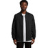 A black bomber jacket is displayed on a model, featuring a zip front and ribbed cuffs. The jacket has a logo.