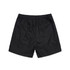 Black sports shorts with an elastic waistband and a smooth finish. Features a logo on the design.