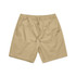 Beige walk shorts with an elastic waistband and drawstring, featuring side pockets and a logo.
