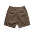Brown dress shorts with an elastic waistband and two back pockets, featuring a logo.